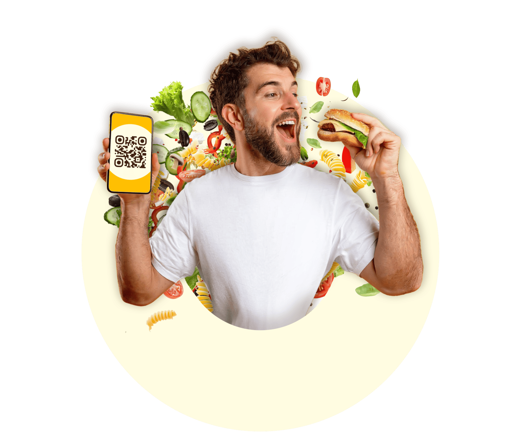 Muž drží telefón s QR kódom a hamburger, obklopený lietajúcim jedlom